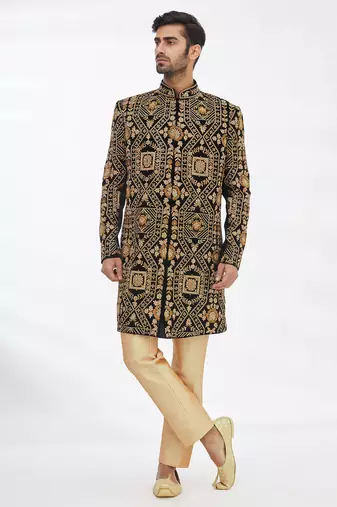Black solid imported armani sherwani for men