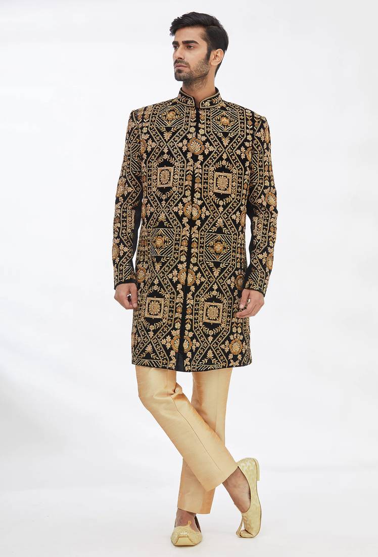 Black solid imported armani sherwani for men
