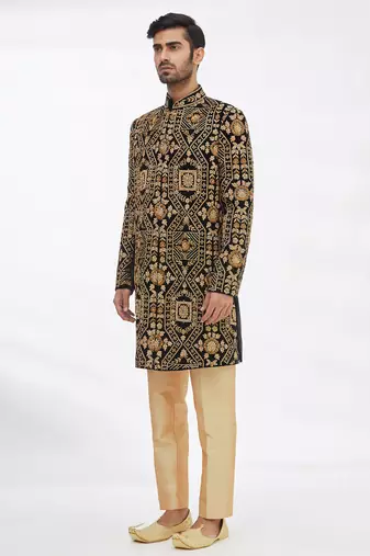 Black solid imported armani sherwani for men
