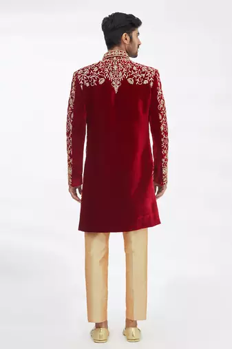 Maroon solid imported armani sherwani for men