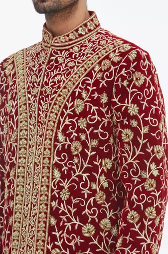 Maroon solid imported armani sherwani for men