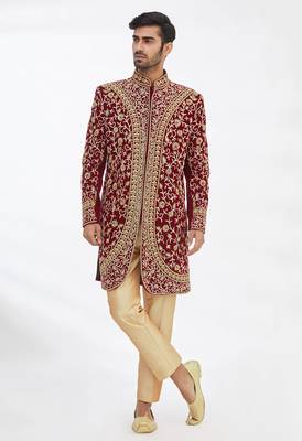 Maroon solid imported armani sherwani for men 4