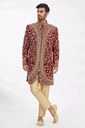 Maroon solid imported armani sherwani for men