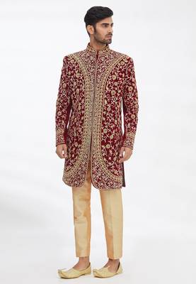 Maroon solid imported armani sherwani for men 1