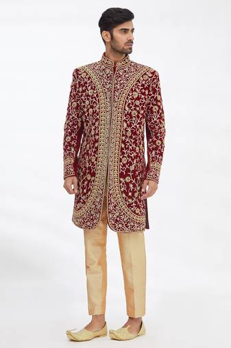 Maroon solid imported armani sherwani for men