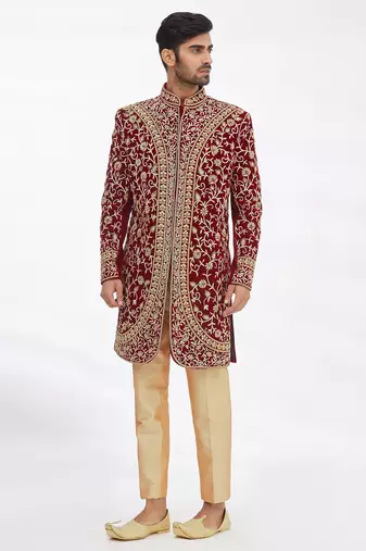 Maroon solid imported armani sherwani for men
