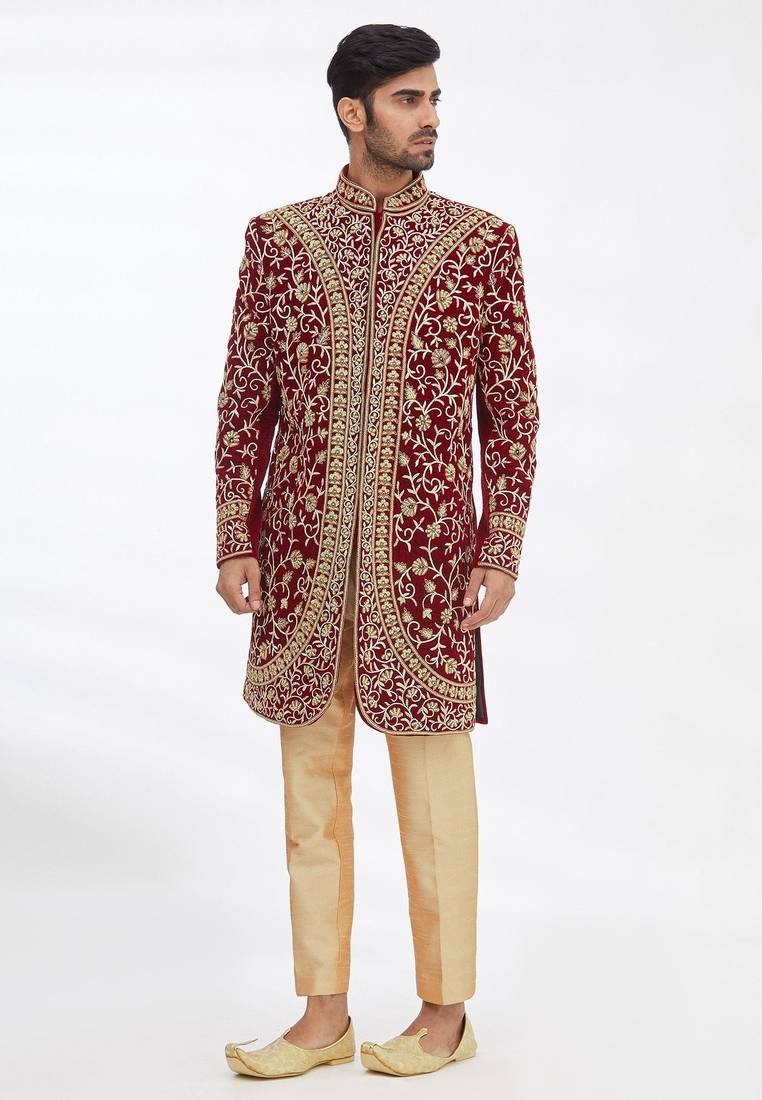 Maroon solid imported armani sherwani for men