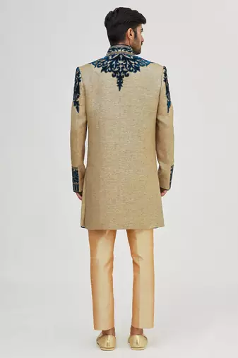 Gold solid jute & velvet sherwani for men