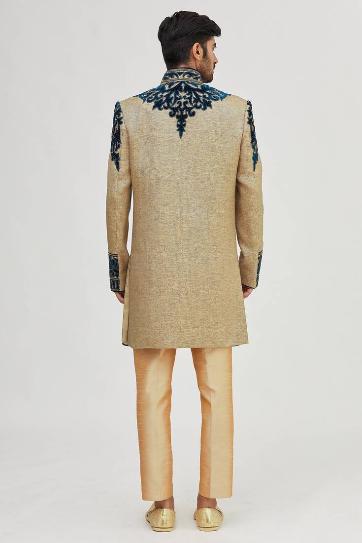 Gold solid jute & velvet sherwani for men
