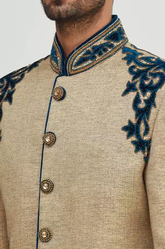 Gold solid jute & velvet sherwani for men