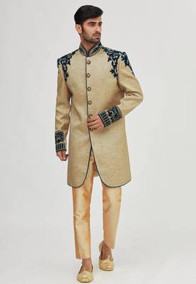 Gold solid jute & velvet sherwani for men 1