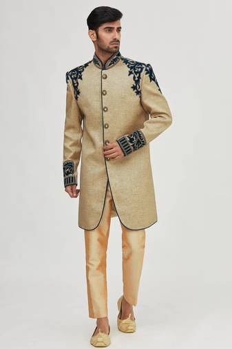 Gold solid jute & velvet sherwani for men