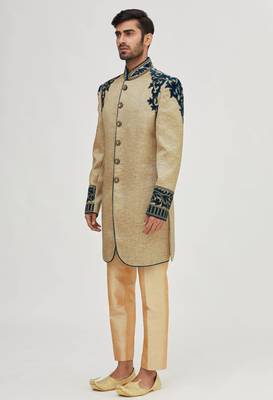 Gold solid jute & velvet sherwani for men 4