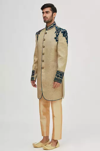 Gold solid jute & velvet sherwani for men