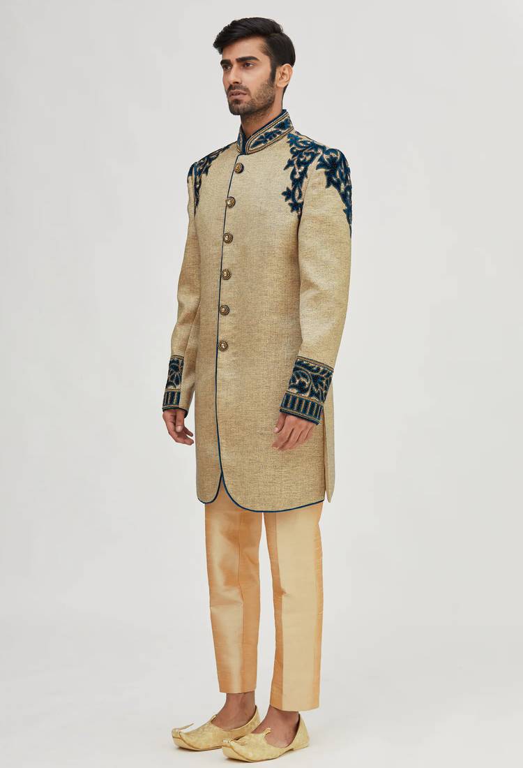 Gold solid jute & velvet sherwani for men