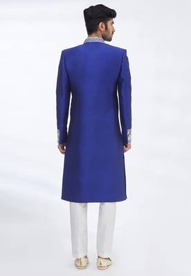 Blue hand embroidered art silk sherwani for men 2