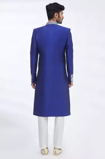 Blue hand embroidered art silk sherwani for men