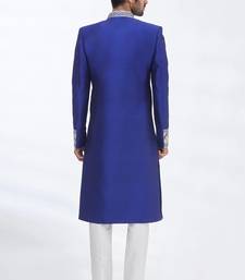 Blue hand embroidered art silk sherwani for men
