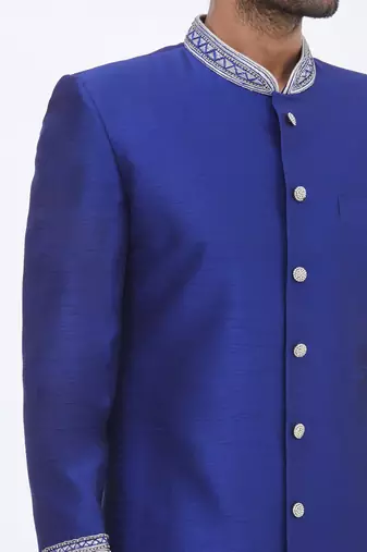 Blue hand embroidered art silk sherwani for men