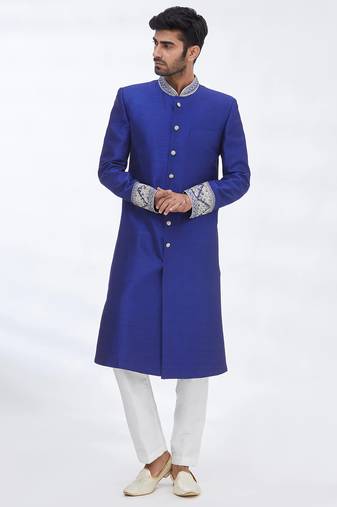 Blue hand embroidered art silk sherwani for men