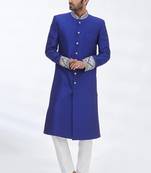 Blue hand embroidered art silk sherwani for men