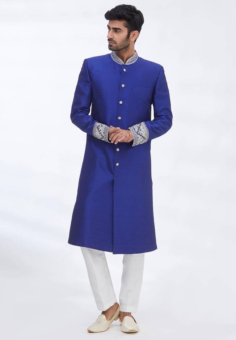 Blue hand embroidered art silk sherwani for men