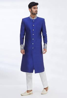 Blue hand embroidered art silk sherwani for men 4