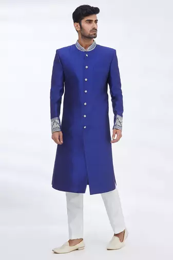 Blue hand embroidered art silk sherwani for men