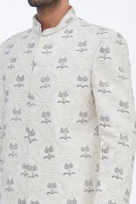 Cream hand embroidered art silk sherwani for men 2