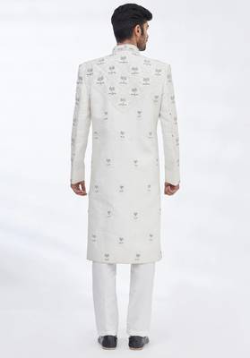 Cream hand embroidered art silk sherwani for men 3