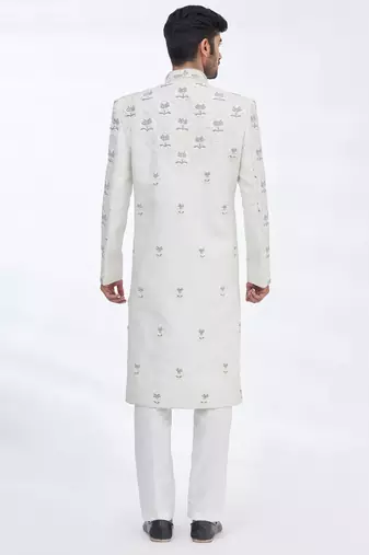Cream hand embroidered art silk sherwani for men