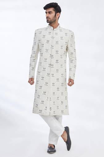 Cream hand embroidered art silk sherwani for men