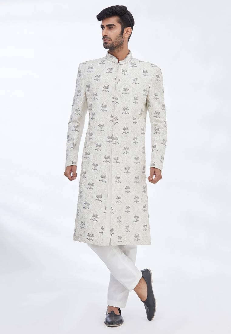 Cream hand embroidered art silk sherwani for men