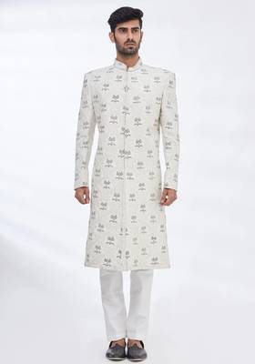 Cream hand embroidered art silk sherwani for men 4