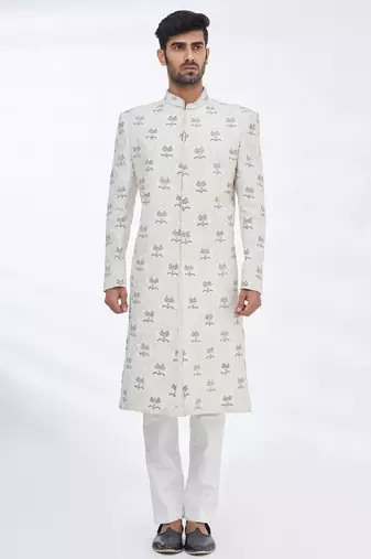 Cream hand embroidered art silk sherwani for men