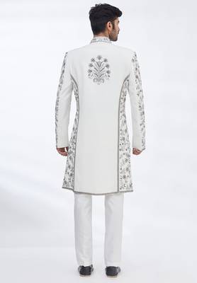 Cream hand embroidered art silk sherwani for men 3