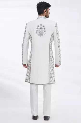 Cream hand embroidered art silk sherwani for men