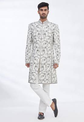 Cream hand embroidered art silk sherwani for men 1