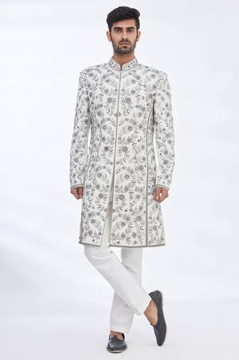 Cream hand embroidered art silk sherwani for men