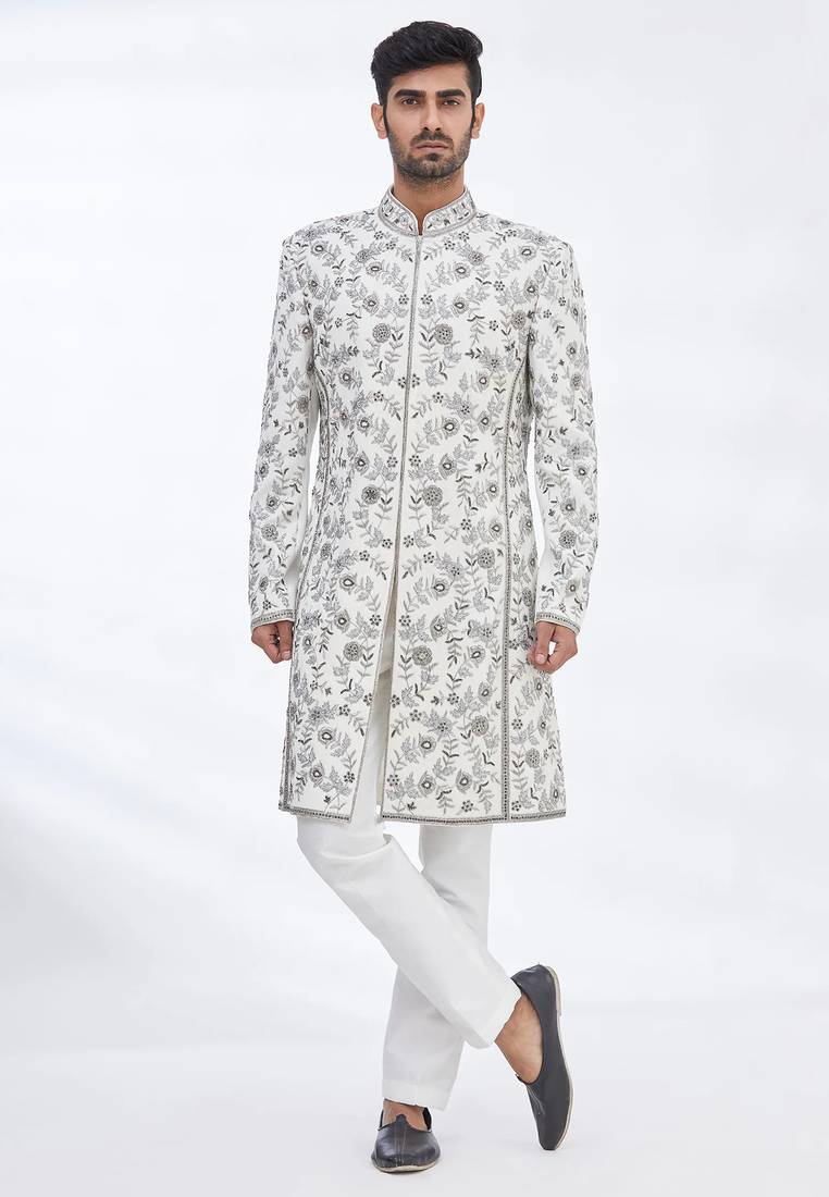 Cream hand embroidered art silk sherwani for men