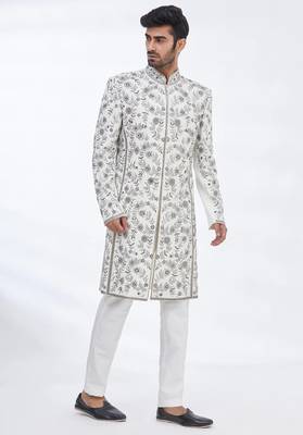 Cream hand embroidered art silk sherwani for men 4