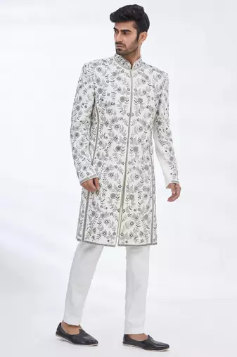 Cream hand embroidered art silk sherwani for men