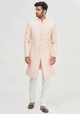 Peach embroidered art silk indo western dresses for men 1
