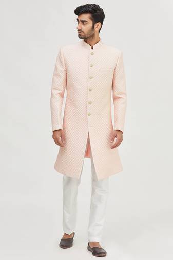 Peach embroidered art silk indo western dresses for men