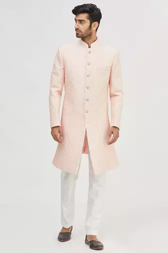 Peach embroidered art silk indo western dresses for men