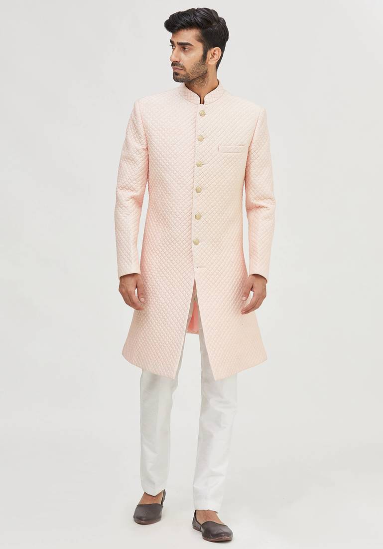 Peach embroidered art silk indo western dresses for men