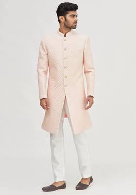 Peach embroidered art silk indo western dresses for men 3