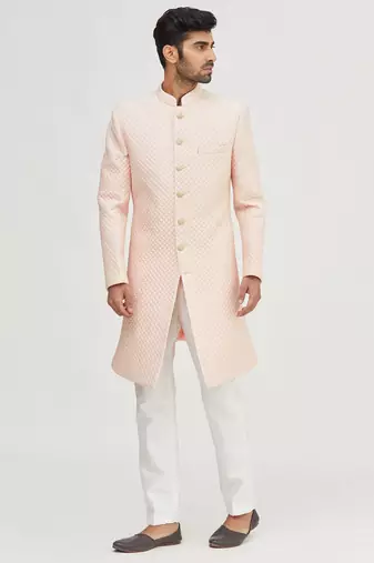 Peach embroidered art silk indo western dresses for men