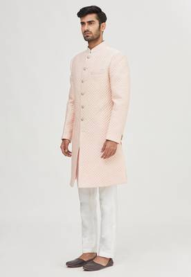 Peach embroidered art silk indo western dresses for men 4