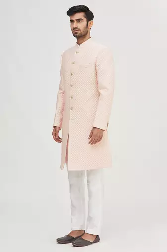 Peach embroidered art silk indo western dresses for men
